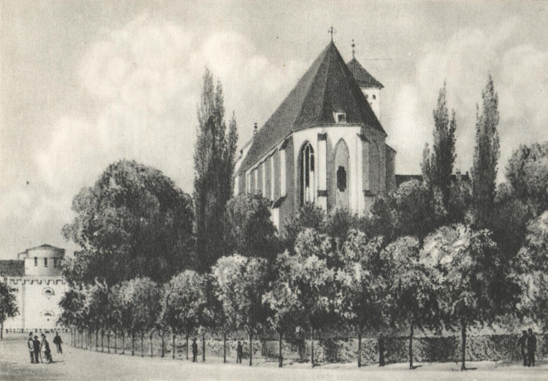 (1866-1876) Kościół Karmelitów Trzewiczkowych (Bożego Ciała) od wschodu (od strony prezbiterium). Po lewej fragment fortecy.