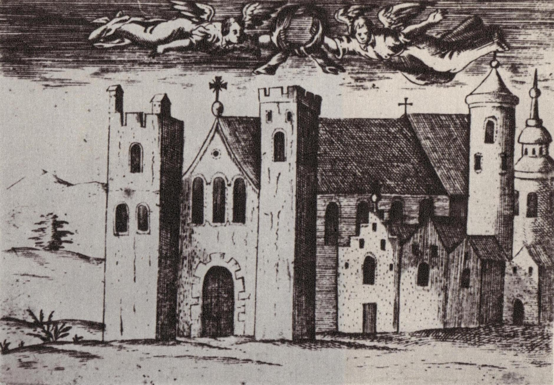 (1626-1636) Ruiny kościoła katedralnego, zapewne po jego zniszczeniu w czasie burzy w 1622 r. Nad kościołem aniołowie z herbem Nałęcz
