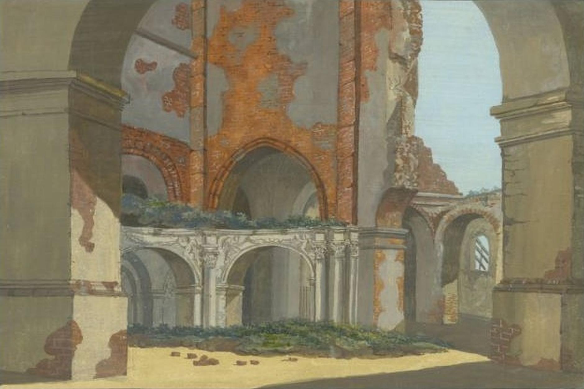 (1798) Ruiny kościoła farnego św. Marii Magdaleny. Wnętrze z widokiem na partię wieżową.