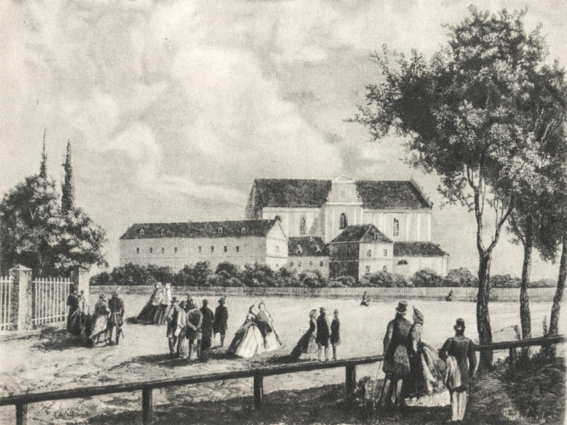 (1863) Kościół i klasztor Karmelitów Bosych od południa. Na pierwszym planie plac Działowy.