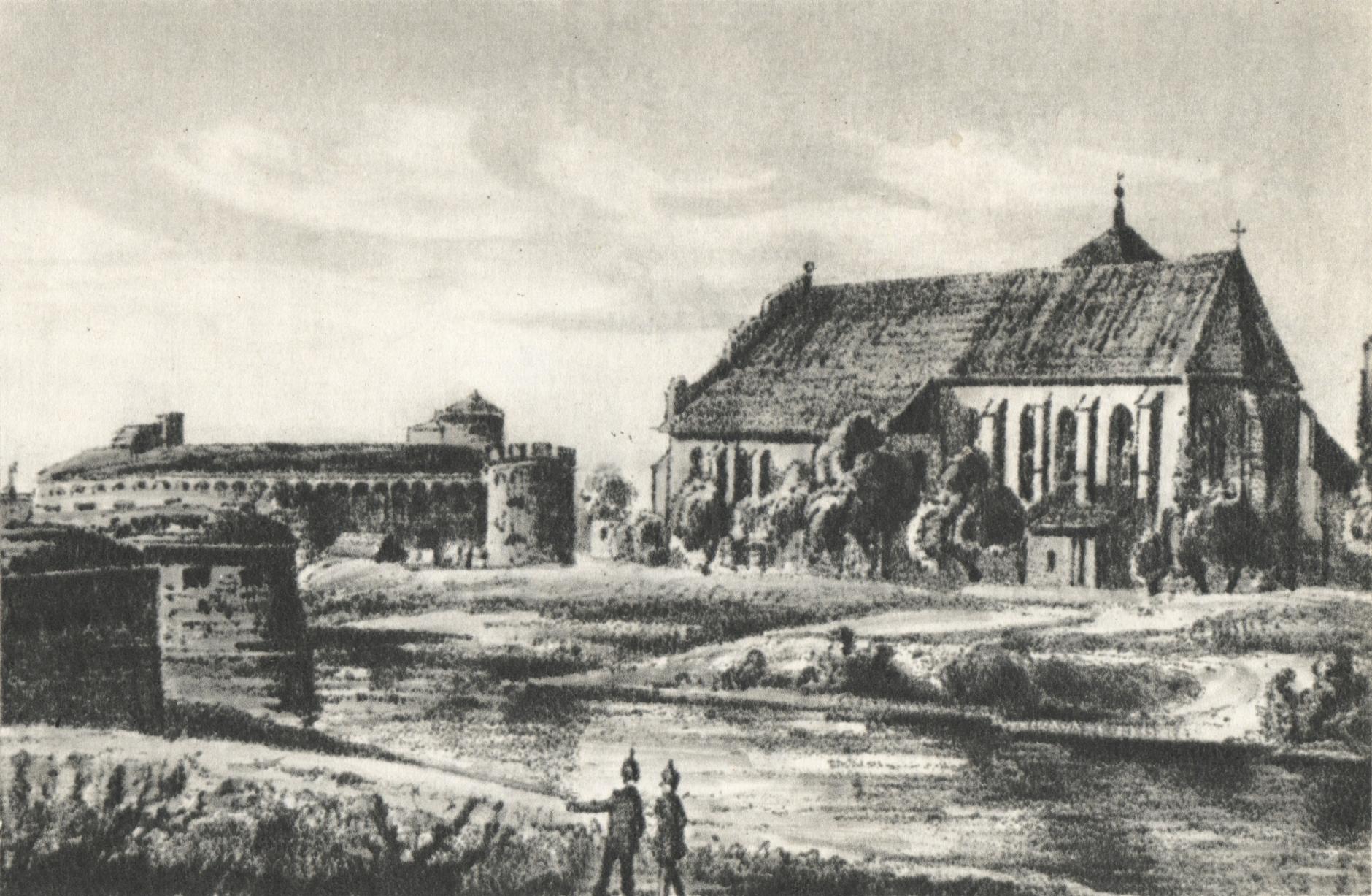 (1840-1850) Kościół Karmelitów Trzewiczkowych (Bożego Ciała) od południowego-wschodu. Na pierwszym planie Struga Karmelicka, w głębi bryła kościoła, po lewej fragment fortecy.