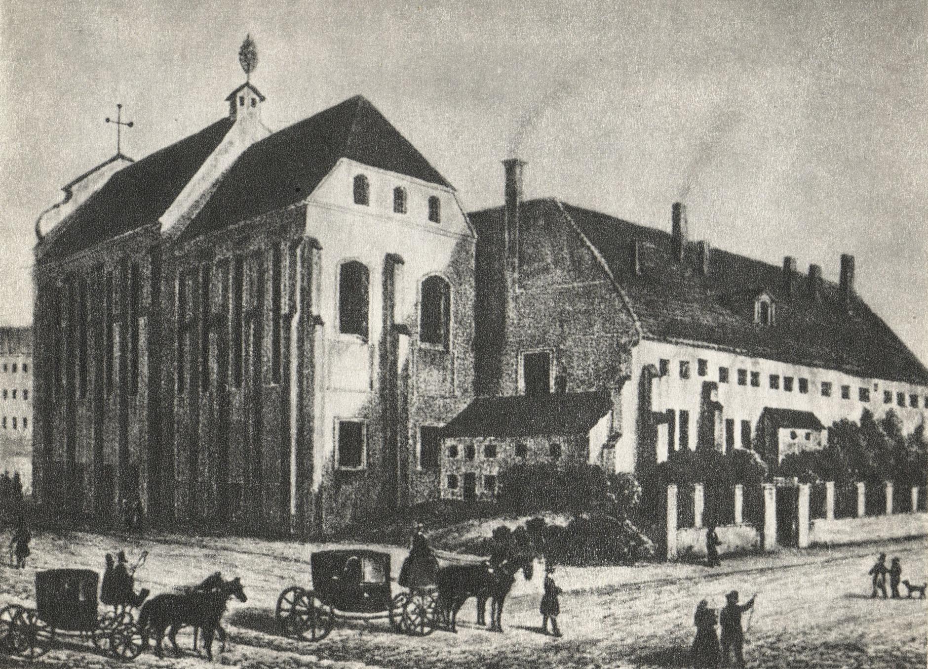 (1842) Kościół i klasztor Podominikański od południowego-wschodu. Po lewej na dalszym planie fragment kamienicy na ul. Szewskiej.