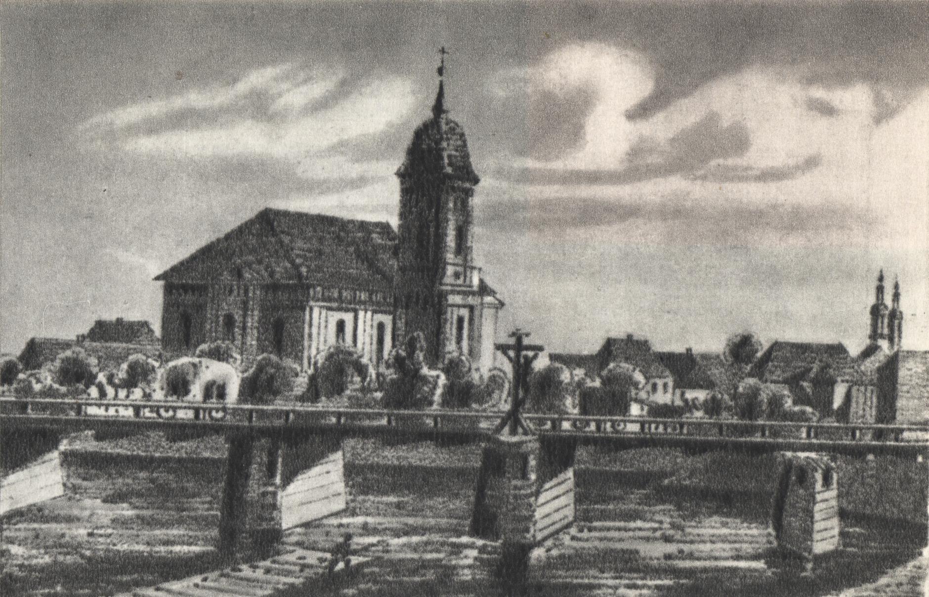 (1840-1850) Kościół Świętego Krzyża na Grobli od północy. Na pierwszym planie Warta i most Chwailiszewski.
