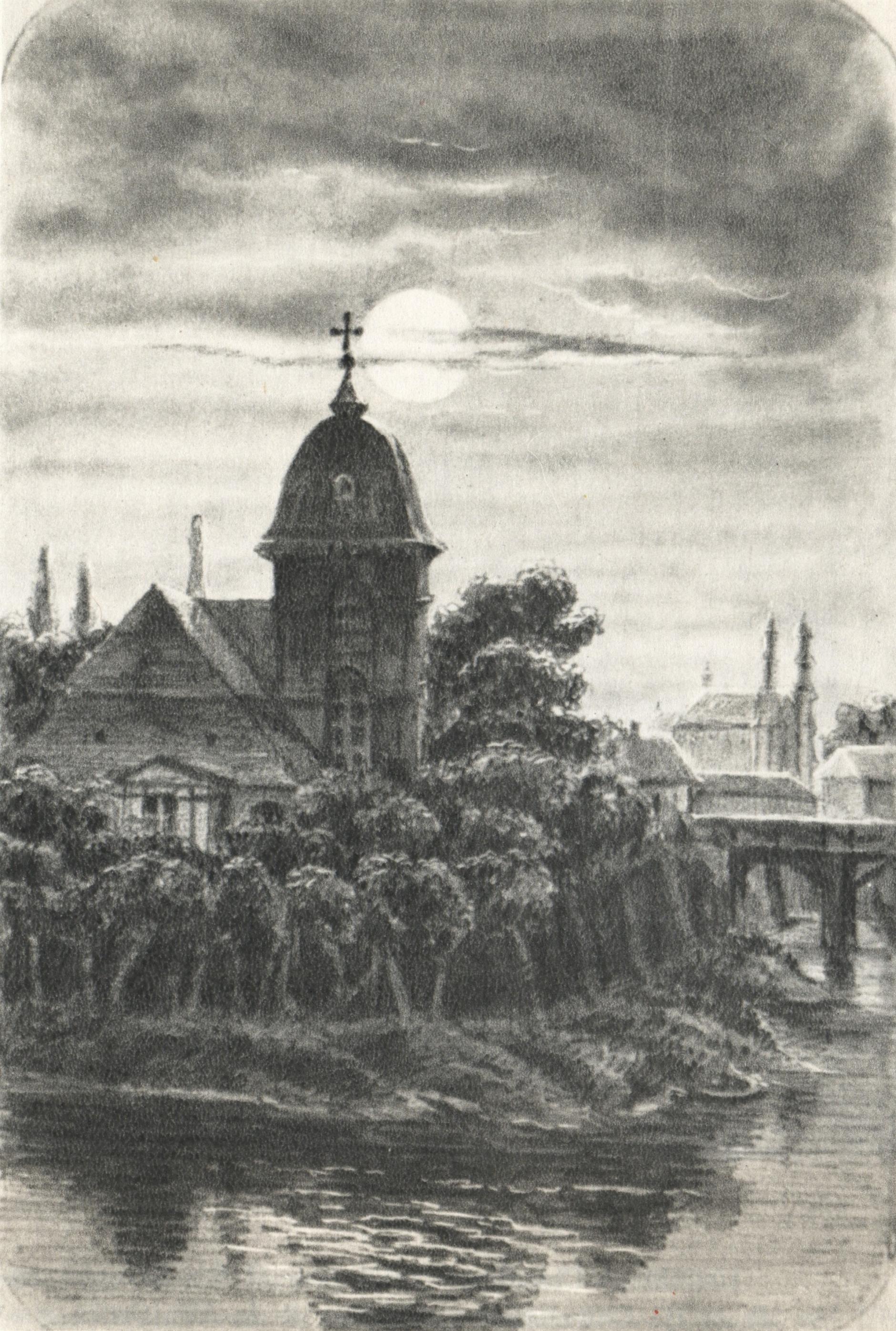 (1850-1860) Kościół Świętego Krzyża na Grobli od północy. Na pierwszym planie Warta, w głębi kościół Bernardynów.