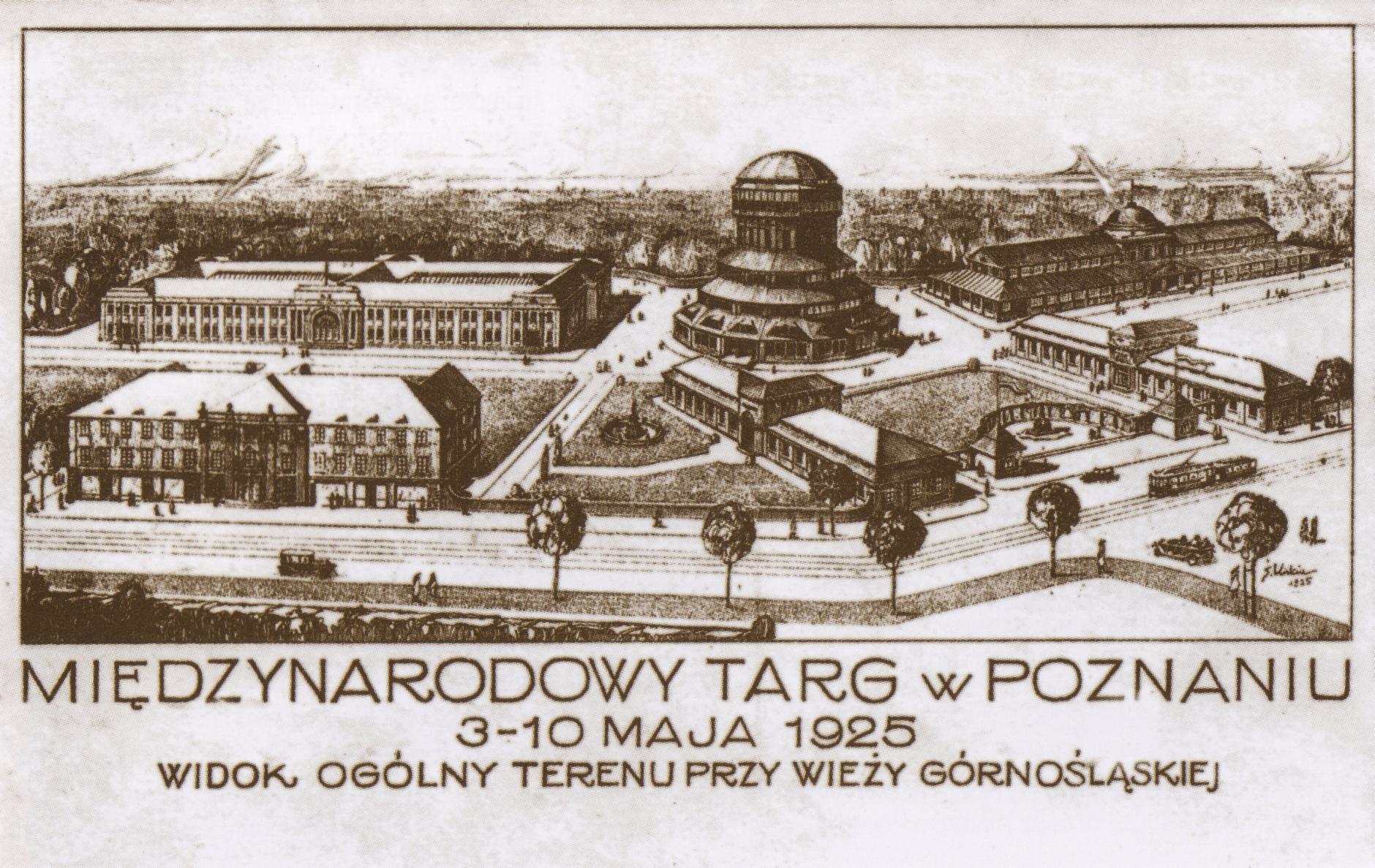 (1925) V Międzynarodowe Targi w Poznaniu, 3-10 maja 1925 r. Charakterystyczna Wieża Górnośląska, znajdujący się po jej lewej stronie Pałac Targowy, po prawej Hala Maszyn oraz fragment ul. Głogowskiej.