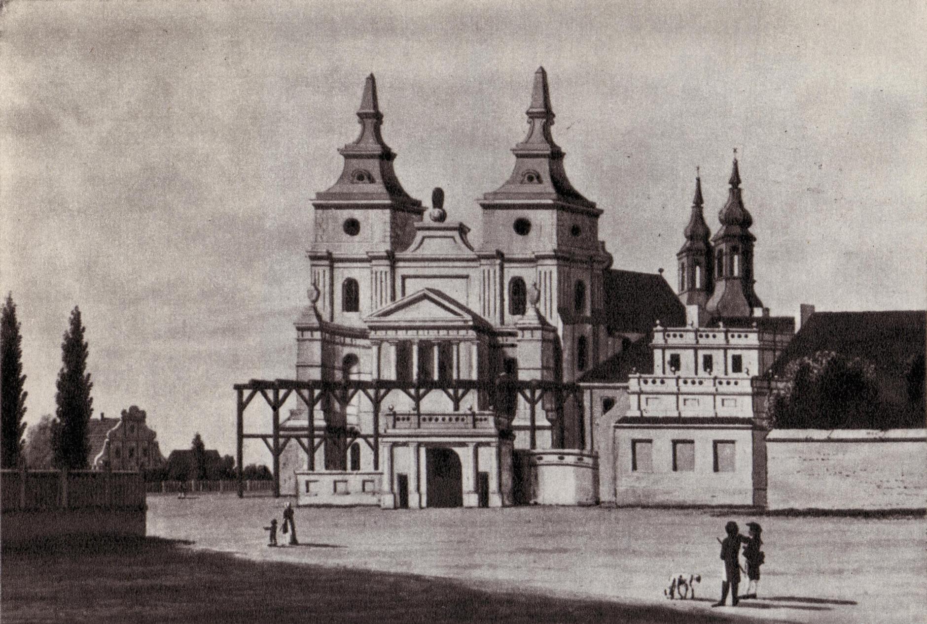 (1790-1800) Fragment zabudowań Ostrowia Tumskiego od zachodu. Bryła katedry z rusztowaniem przed fasadą, po prawej pałac arcybiskupi