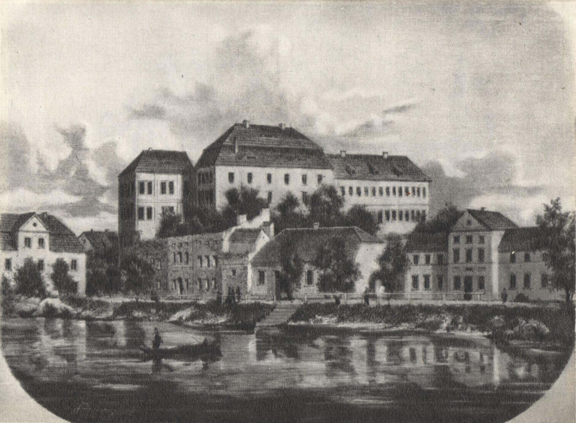 (1858-1868) Zamek Przemysła od północnego-zachodu. Na pierwszym planie plac Sapieżyński (Wielkopolski)