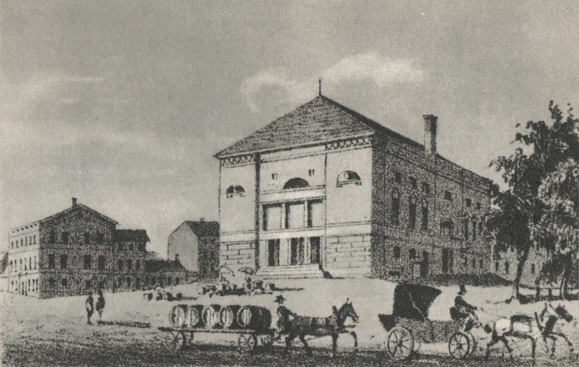 (1840-1850) Plac Wilhelmowski (Wolności) z budynkiem teatru od wschodu.