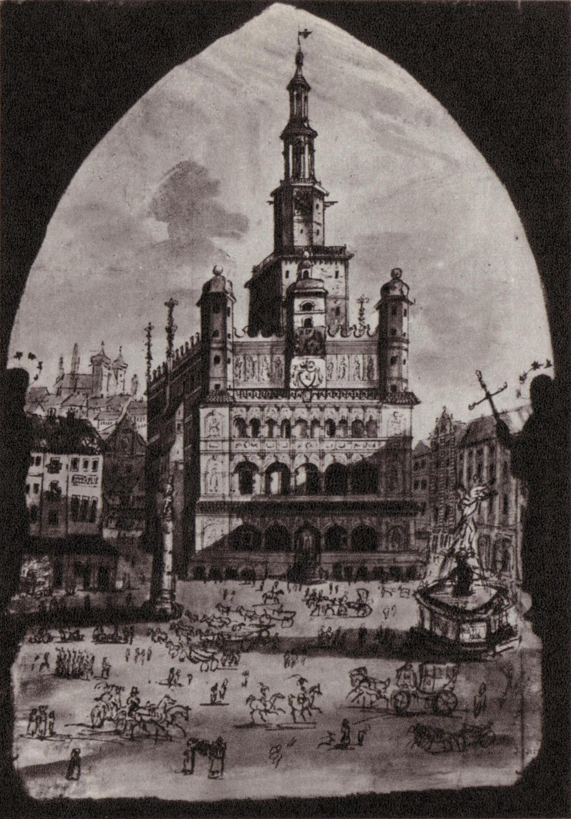 (1833) Stary Rynek i Ratusz od wschodu. Z lewej trzy domki budnicze. W głębi fragment budynku Wagi Miejskiej i zarys kościoła Franciszkanów