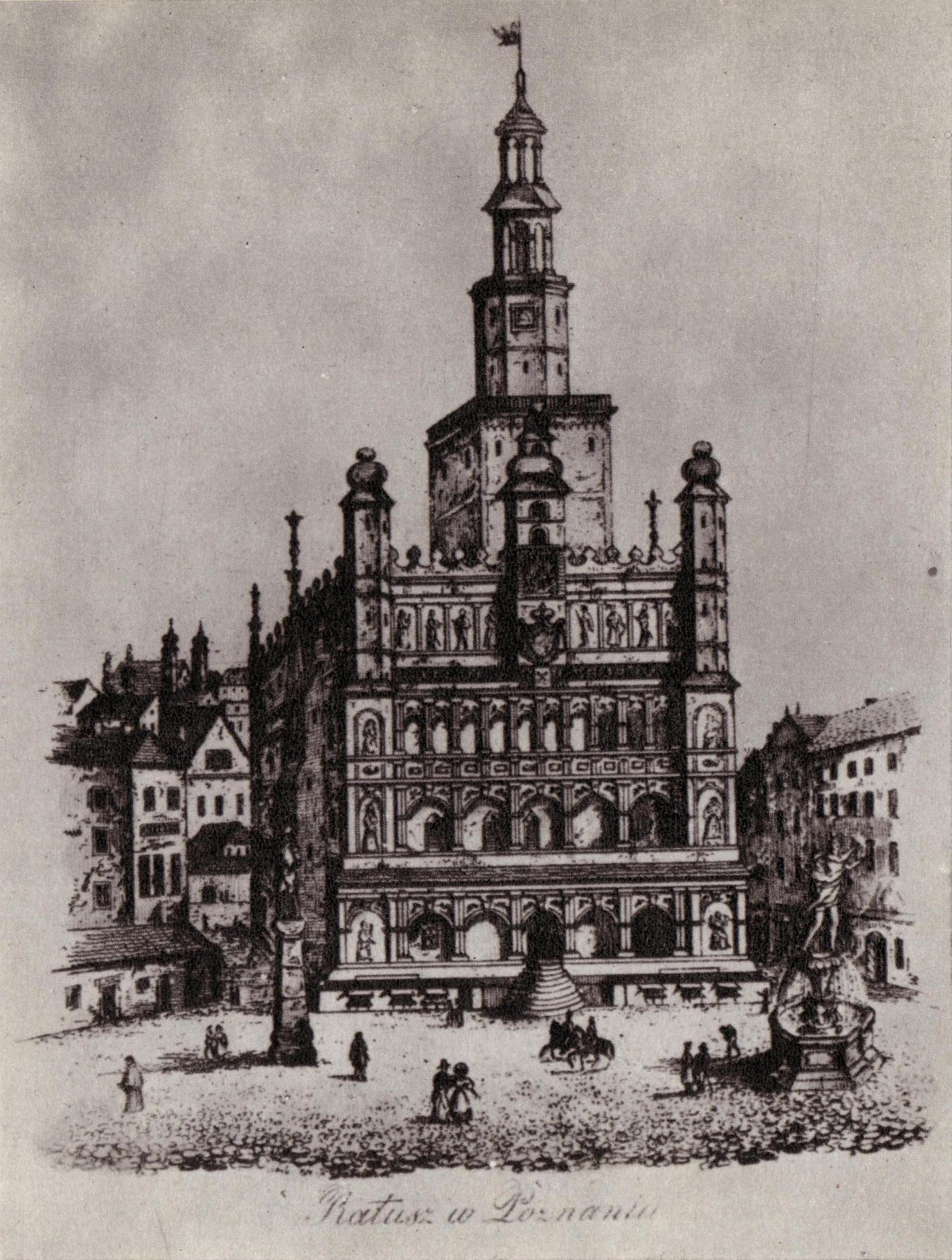 (1845-1855) Ratusz od wschodu. Z przodu Studnia Prozerpiny oraz Pręgierz. Po lewej domki budnicze, w głębi budynek Wagi Miejskiej i kościół Franciszkanów