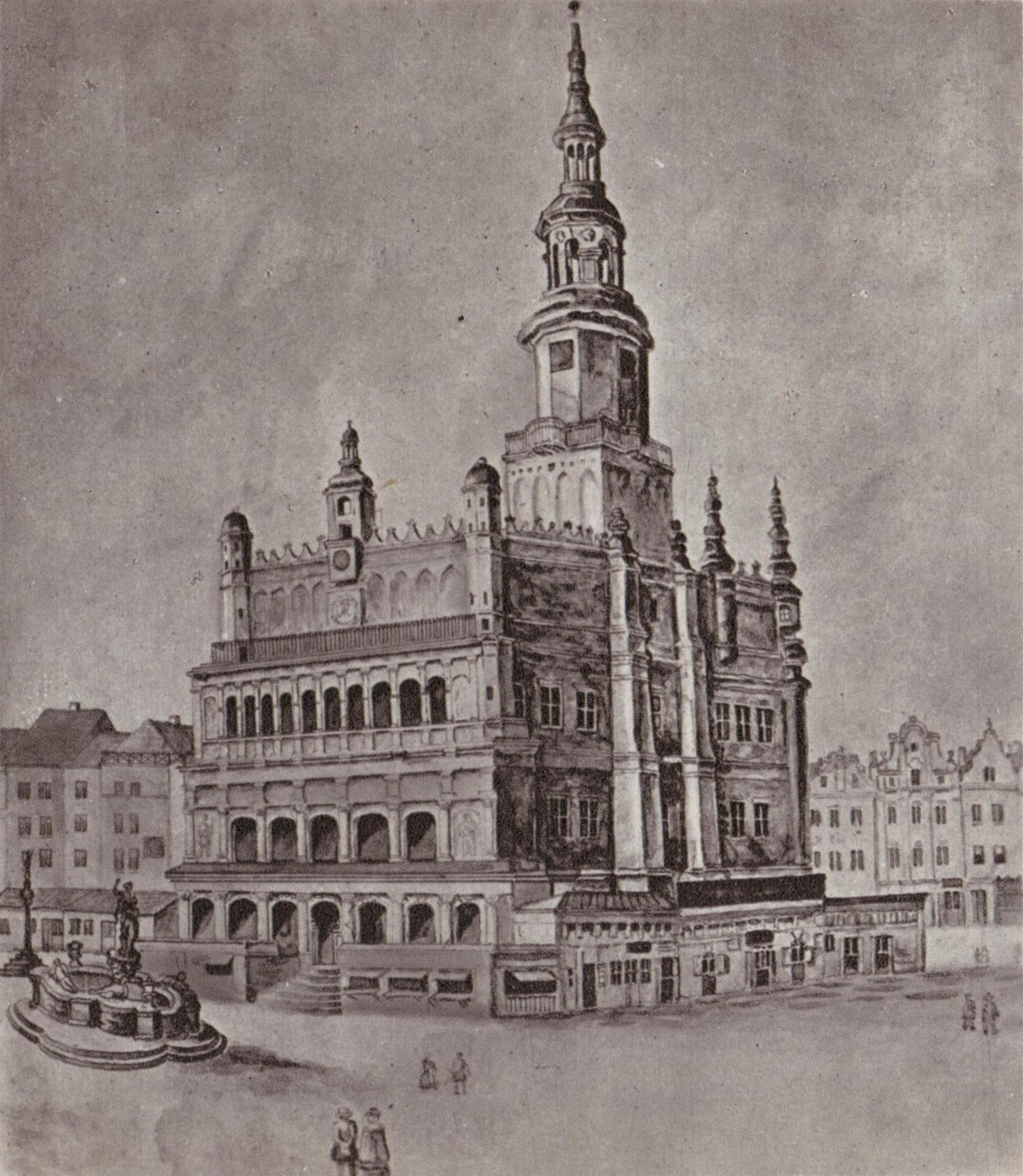 (1851-1900) Stary Rynek i Ratusz od północnego-wschodu. Przed Ratuszem Studnia Prozerpiny i Pręgierz. Po lewej trzy domki budnicze