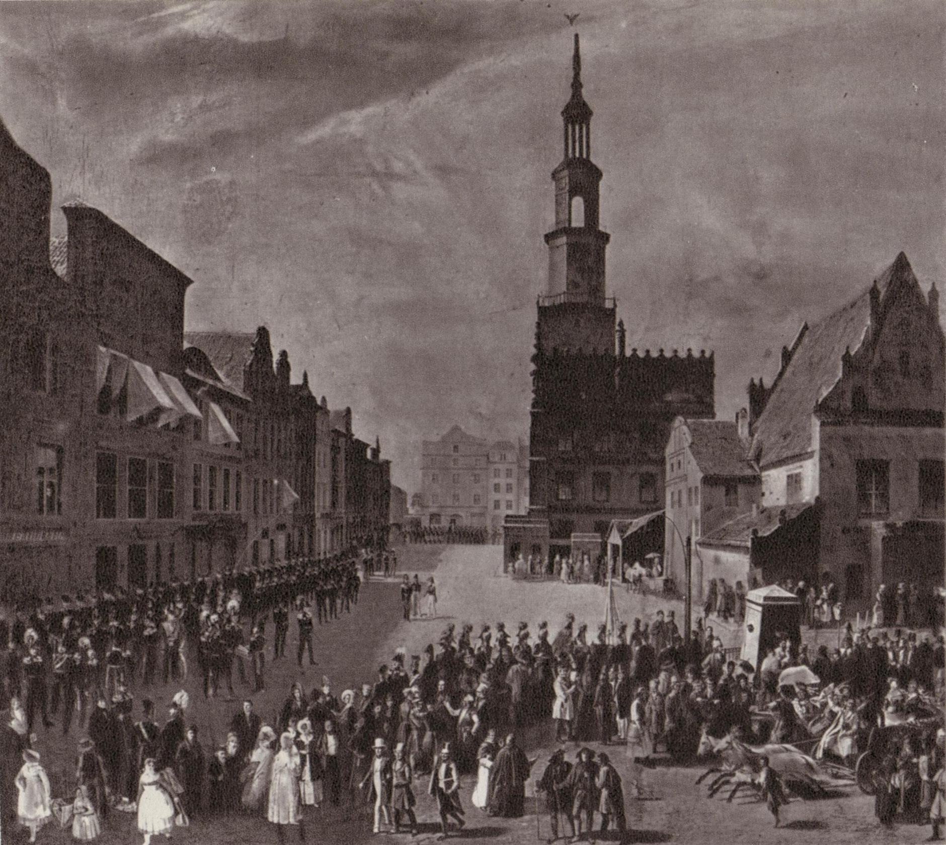 (1838) Stary Rynek od zachodu z budynkiem Wagi i Ratuszem