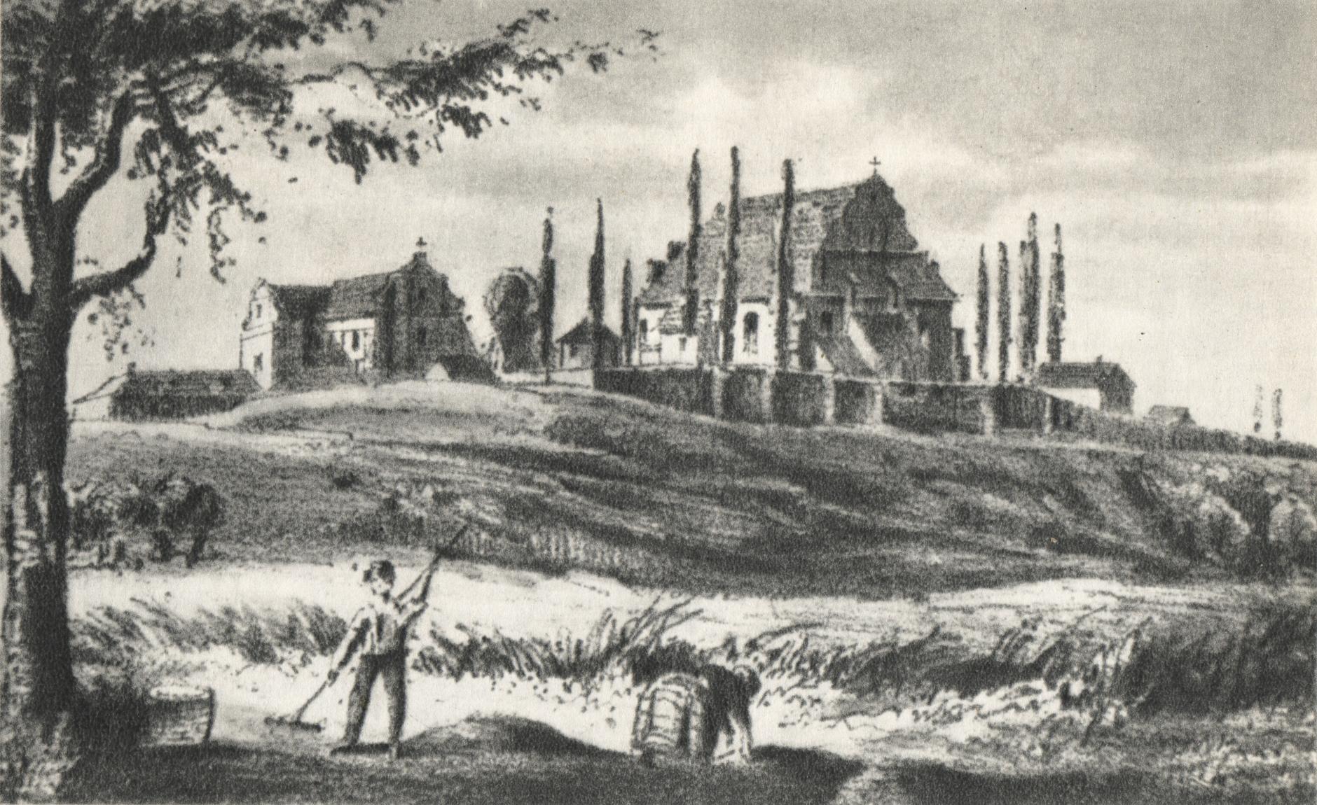 (1840-1850) Wzgórze św. Wojciecha od wschodu. Na pierwszym planie kościół św. Wojciecha od strony prezbiterium, w głębi kościół i klasztor Karmelitów Bosych.