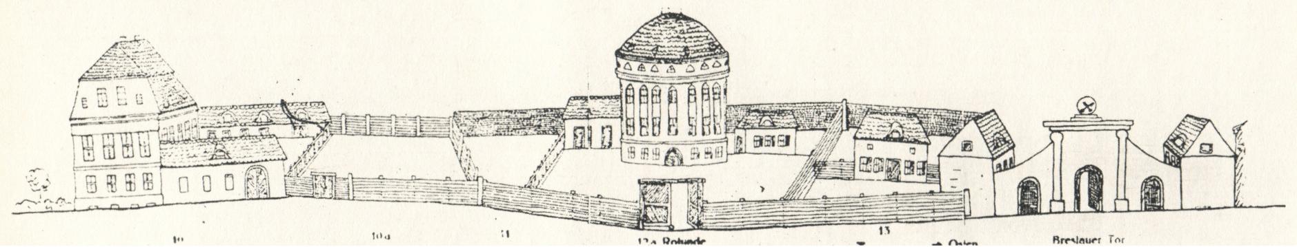 (1830-1840) Zabudowa ul. Podgórnej od południa. Widoczna baszta tzw. Armatnia i brama Wrocławska.
