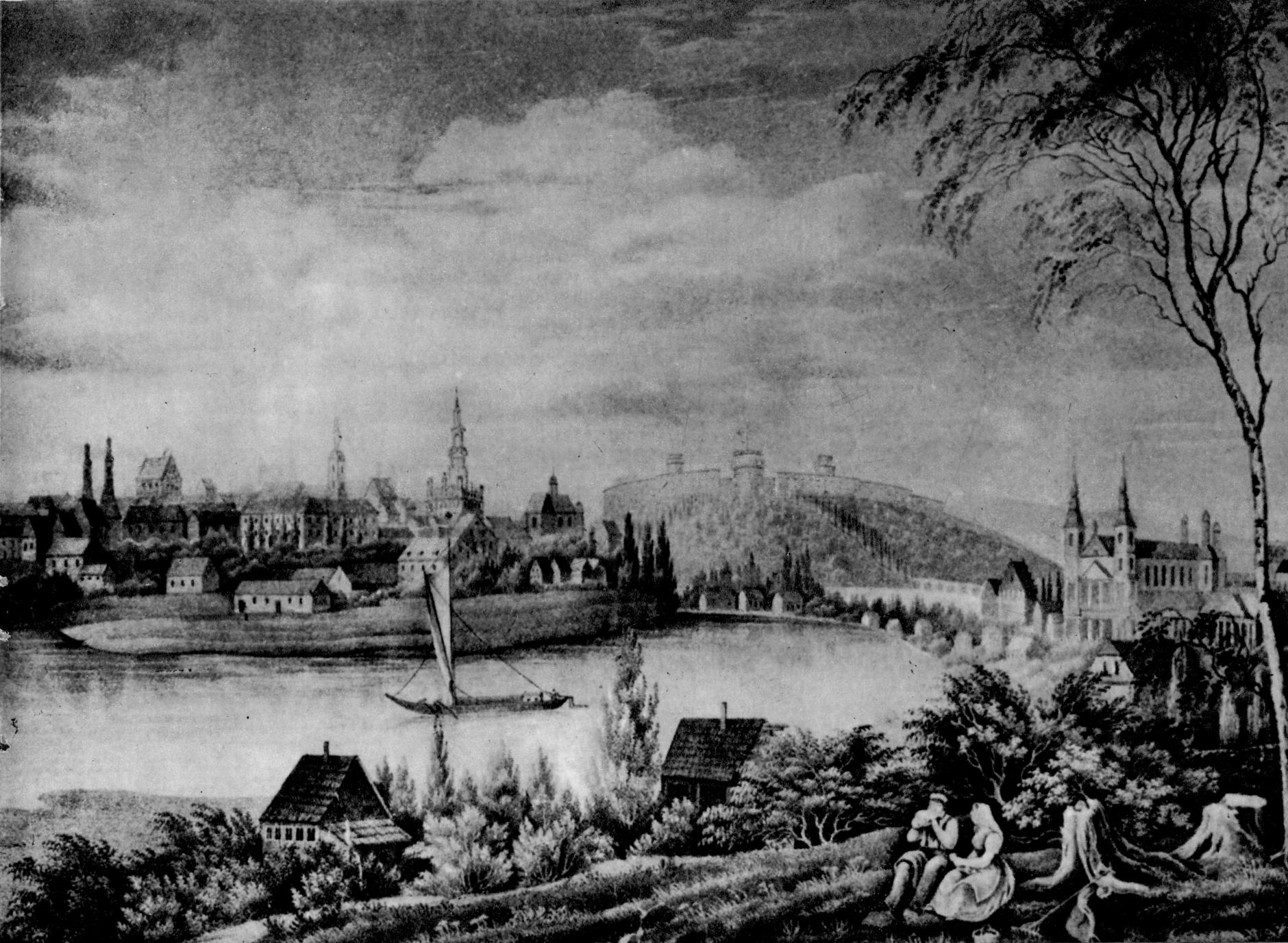 (1838) Widok ogólny z prawego brzegu Warty w roku 1838. Nad miastem góruje kompleks Cytadeli.