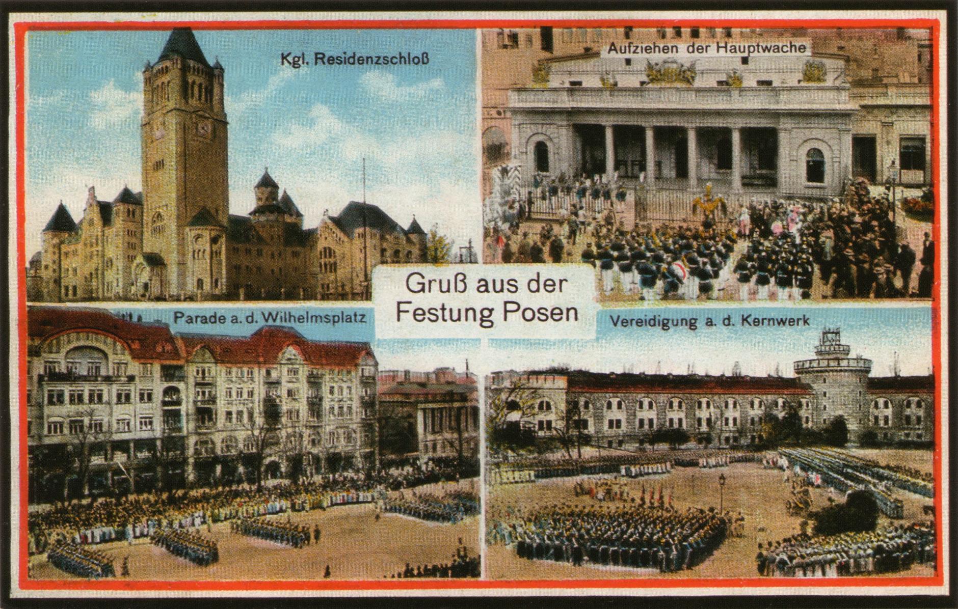 (1911-1918) Zamek Cesarski, zmiana warty przed Odwachem, parada na Placu Wilhelmowskim (Wolności), przysięga żołnierzy na dziedzińcu Cytadeli.