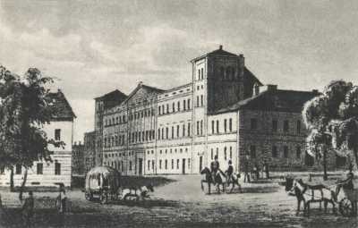 (1840-1850) Bazar od północnego-zachodu. Na pierwszym planie dwa narożnikowe domy przy ul. Wilhelmowskiej (Al. K. Marcinkowskiego) i ul. Nowa (I. J. Paderewskiego).