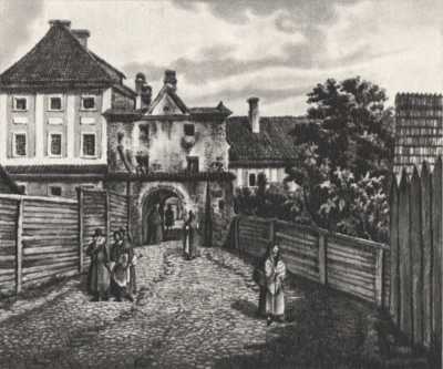 (1835-1845) Ul. Za Bramką i Ciemna Bramka od południa. Z lewej strony budynek szkoły elementarnej im. św. Marii Magdaleny