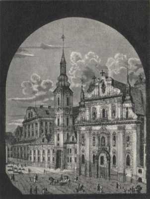 (1833) Kościół Farny Matki Bożej Nieustającej Pomocy, Świętej Marii Magdaleny i Świętego Stanisława Biskupa (kościół Pojezuicki) i kolegium Pojezuickie od północnego-zachodu.