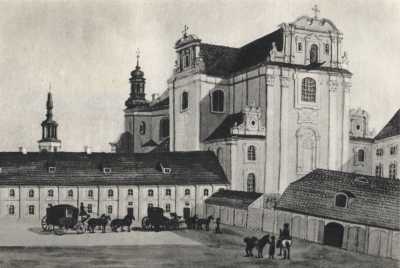 (1790-1800) Dziedziniec Hotelu Saskiego i kościół Pojezuicki od południa.