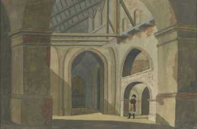 (1798) Ruiny kościoła farnego św. Marii Magdaleny. Wnętrze z widokiem na przedsionek w przyziemiu wieży.