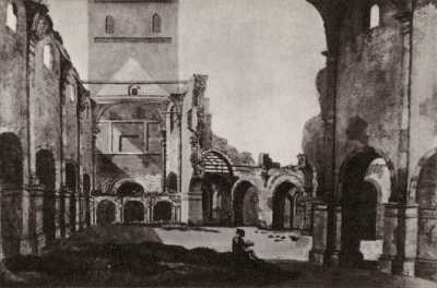 (1798) Ruiny kościoła farnego św. Marii Magdaleny. Wnętrze z widokiem od prezbiterium na wieżę w elewacji zachodniej.