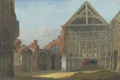 (1798) Ruiny kościoła farnego św. Marii Magdaleny. Wnętrze z widokiem na prezbiterium.