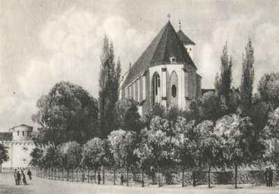 (1866-1876) Kościół Karmelitów Trzewiczkowych (Bożego Ciała) od wschodu (od strony prezbiterium). Po lewej fragment fortecy.