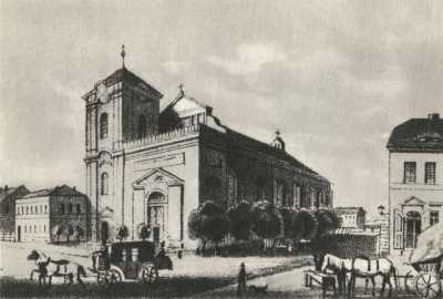 (1840-1850) Kościół Podominikański od południowego-zachodu. Po prawej fragment zabudowań ul. Dominikańskiej, po lewej ul. Szewskiej.