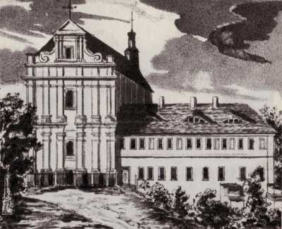 (1845-1855) Kościół Reformatów (św. Kazimierza) na Śródce od zachodu, po prawej budynek klasztoru