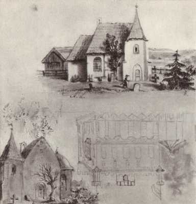 (1850-1860) Kościół św. Jana. U góry widok od południa, u dołu od zachodu