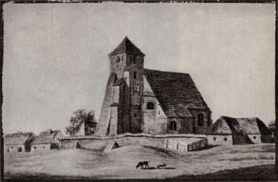 (1790-1800) Kościół św. Mikołaja na Zagórzu od południa, otoczony murem, częściowo zniszczony.