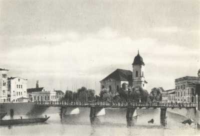 (1866-1876) Most Chwaliszewski i kościół Świętego Krzyża na Grobli od północy. Po lewej zabudowania Chwaliszewa, po prawej domy na lewym brzegu Warty.