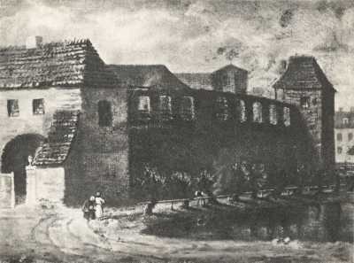 (1853-1862) Mury miejskie oraz kościół i klasztor Dominikanów od północnego-zachodu. Na pierwszym planie plac Stawny.