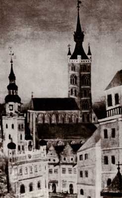 (1658) Ratusz i kościół farny św. Marii Magdaleny jako symbole miasta. Fragment obrazu św. Antoniego z roku 1658.