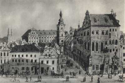 (1833) Ulica Klasztorna i Wodna od północy. Na pierwszym planie pałac Górków. W głębi kościół Bernardynów i kolegiata Jezuitów