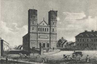 (1840-1850) Plac Piotra (Wiosny Ludów) od północy. Na pierwszym planie plac z kościołem św. Piotra; po lewej perspektywa ul. Półwiejskiej, po prawej ul. św. Józefa.