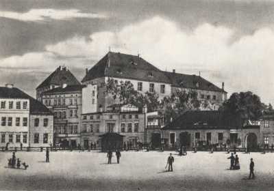 (1866-1876) Plac Sapieżyński (Wielkopolski) od północnego-zachodu. Na pierwszym planie teren placu ograniczony od pd. zabudowaniami ul. Fryderykowskij (23 lutego). Na wzniesieniu zamek Przemysła.