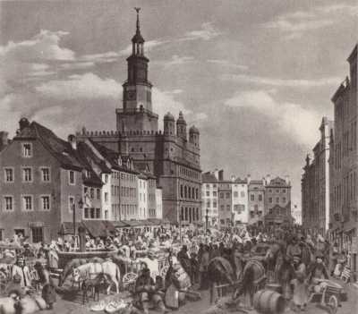 (1841-1846) Stary Rynek i Ratusz od południowego-wschodu. Z lewej domki budnicze