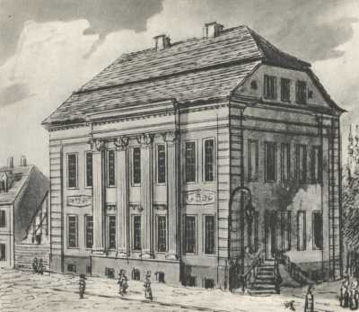 (1845-1855) Budynek loży wolnomularskiej przy ul. Grobla od północy.