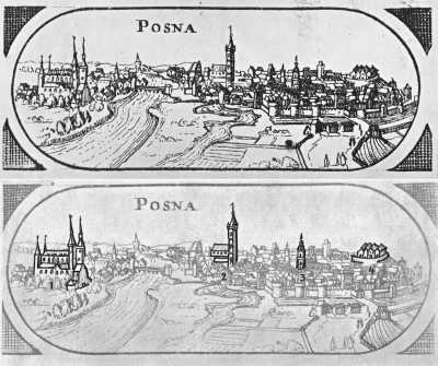 (1616-1618) Widok ogólny: 1. katedra, 2. kościół farny św. Marii Magdaleny, 3. Ratusz, 4. Zamek Przemysła.