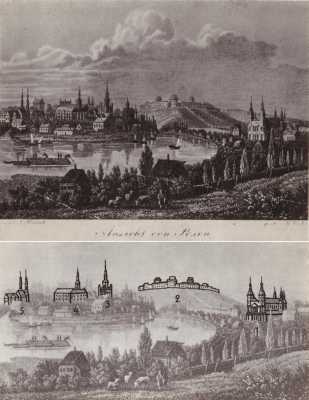 (1833-1843) Widok Poznania od południa: 1. katedra, 2. forteca, 3. Ratusz, 4. kościół farny i kolegium Pojezuickie, 5. kościół Bernardynów