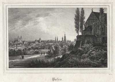 (1838) Posen, wg rys. Juliusa von Minutoliego. Malowniczy widok na miasto ze Wzgórza św. Wojciecha, z widocznym fragmentem kościoła św. Wojciecha na pierwszym planie.